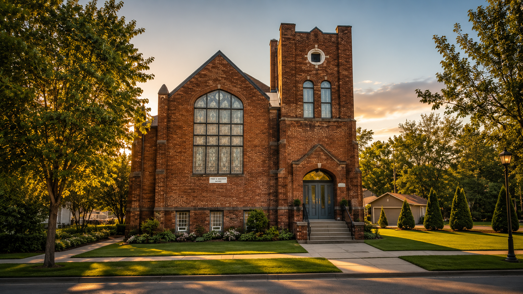 Immanuel Baptist Church building at sunset